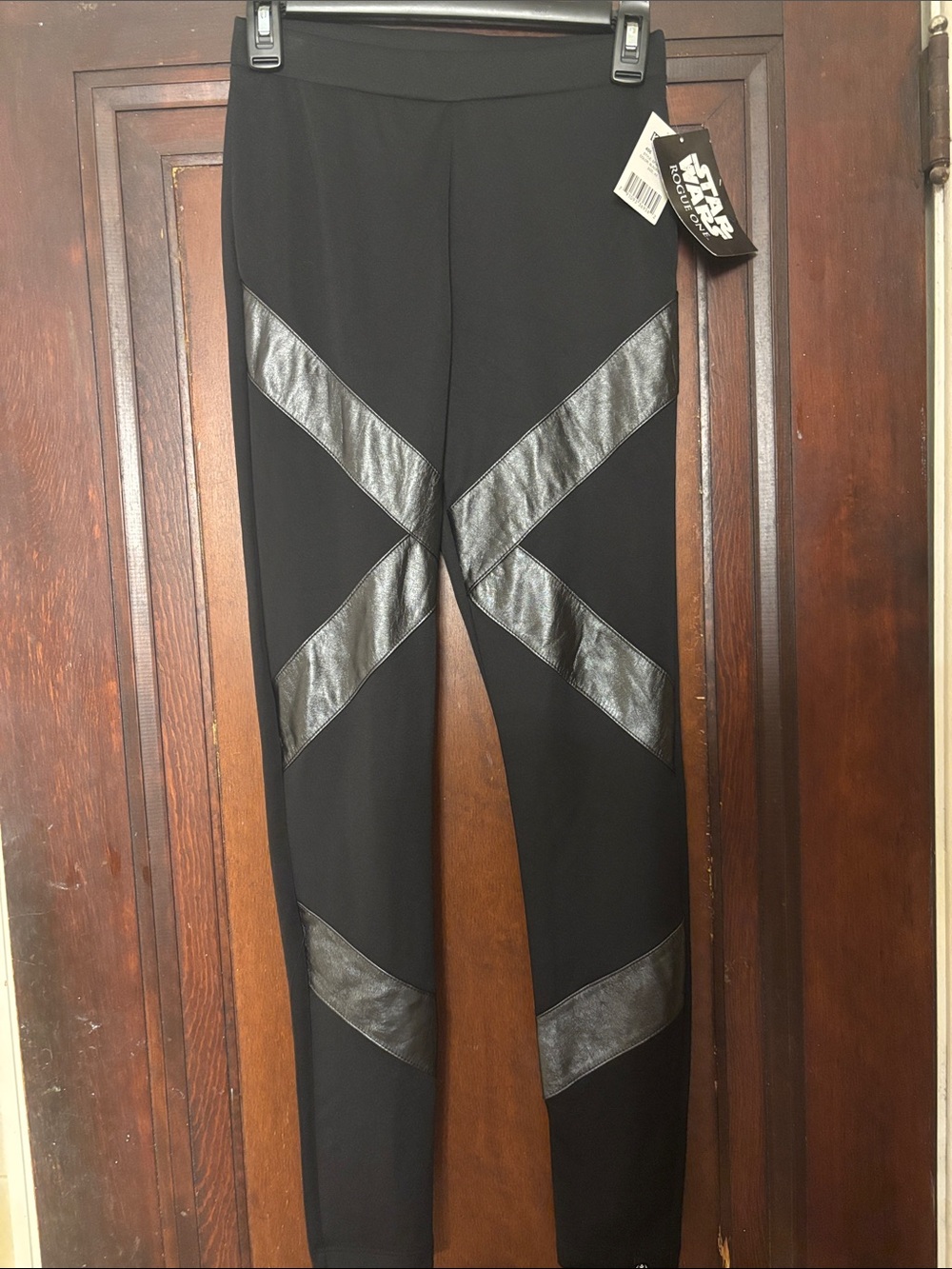 Black Leggings with Faux Leather X-Panel Detail